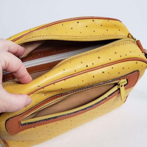 Leather VINTAGE ITALIAN Bag 80s Retro Crossbody Boxy Mustard Yellow Tan Brown - Picture 16 of 16